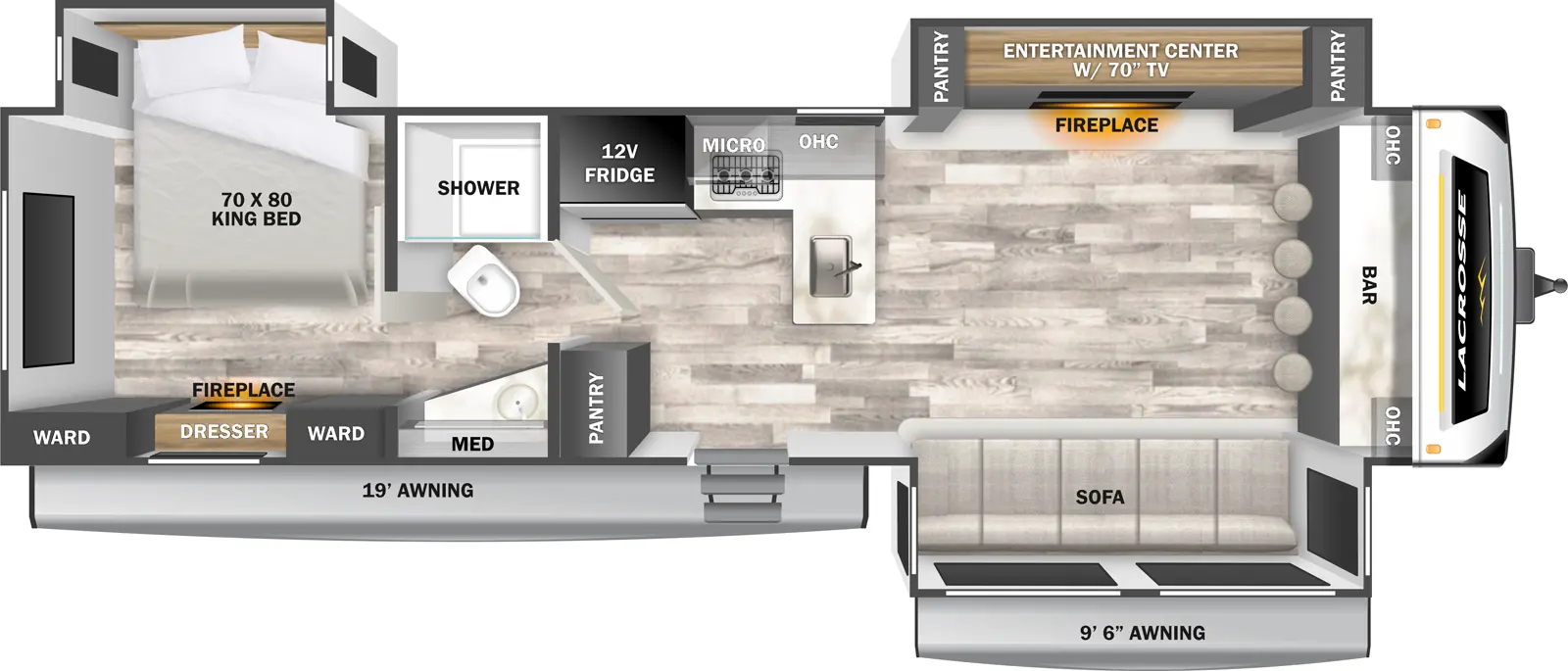 The LaCrosse 3450FB floorplan has one entry and three slide outs. Exterior features include: fiberglass exterior and 19' & 9'6" awning. Interiors features include: rear bedroom, front living and pass through bathroom.